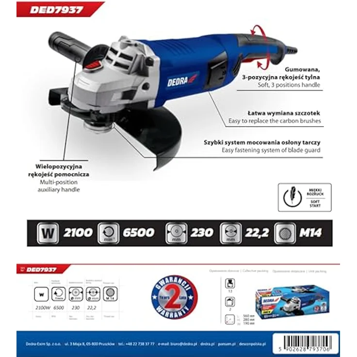 Dedra Winkelschleifer DED7937, 2100W mit 230mm Scheibe, Sanftanlaufsystem, 6500 RPM, Softgrip, 5,1kg, M14 Gewinde, verstellbarer Griff – Bild 2