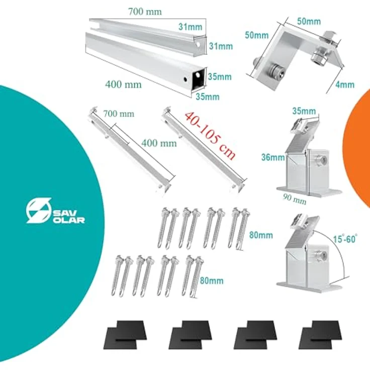 SAVOLAR Solarmodul Halterung Balkonkraftwerk Flachdach (15-60°) Winkel Einstellbar, 40-105cm Verstellbar, Aluminiumlegierung, Schwarz – Bild 3