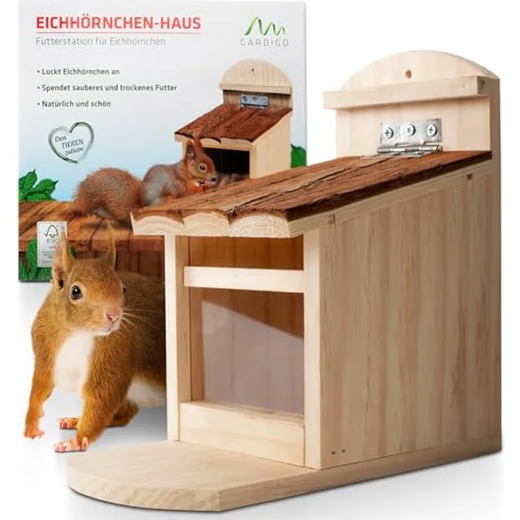 GARDIGO® Eichhörnchen Futterhaus aus Holz I Stabiles Holz mit Rindendach I Wetterfeste Futterstelle zum Aufhängen I Geschütztes Glas I Futterspender zum Eichhörnchen füttern I Nussspender