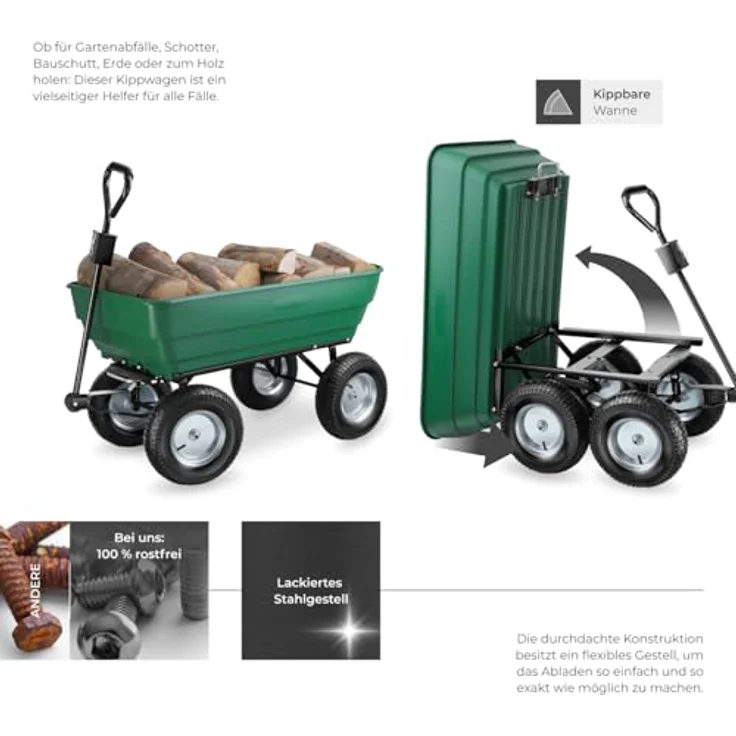 tectake® Bollerwagen mit Kippfunktion, Handwagen und Trolley, belastbar bis 300 kg, stabil mit Stahlgestell, leichtgängige Lenkachse und luftgefüllte Gummireifen, vielseitig einsetzbar als Einkaufswagen oder Gartenwagen – Bild 3