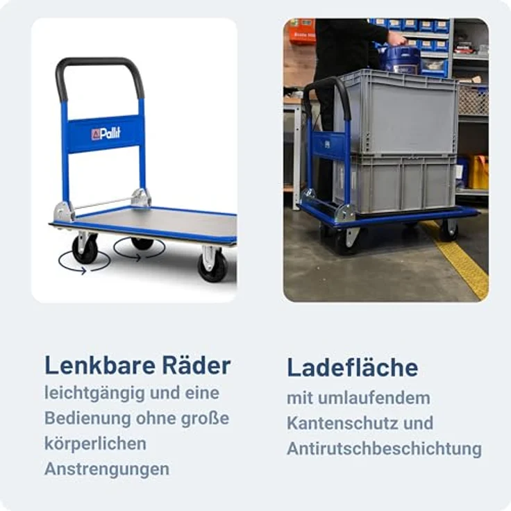 Pallit Schiebebügelwagen CARRY, Transportwagen mit 150kg Tragkraft, lenkbaren Rollen und Anti-Rutsch-Beschichtung – Bild 4
