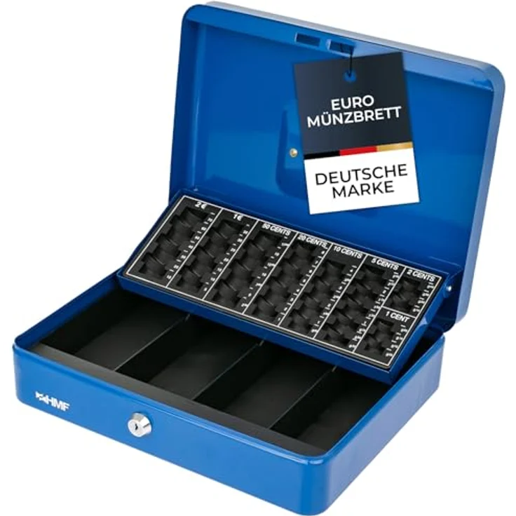 HMF 4215-05 Geldkassette abschließbar mit Münzzählbrett, 30,5 x 24 x 8,5 cm, blau, aus Stahlblech mit Zylinderschloss und 4 Banknotenfächern – Bild 1