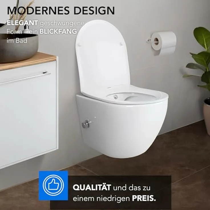 Aloni Tiefspül-WC AL55800+AL0411, Spülrandloses Taharet Dusch WC inkl. Armatur + Sitz Toilette - Keramik in Weiß – Bild 4