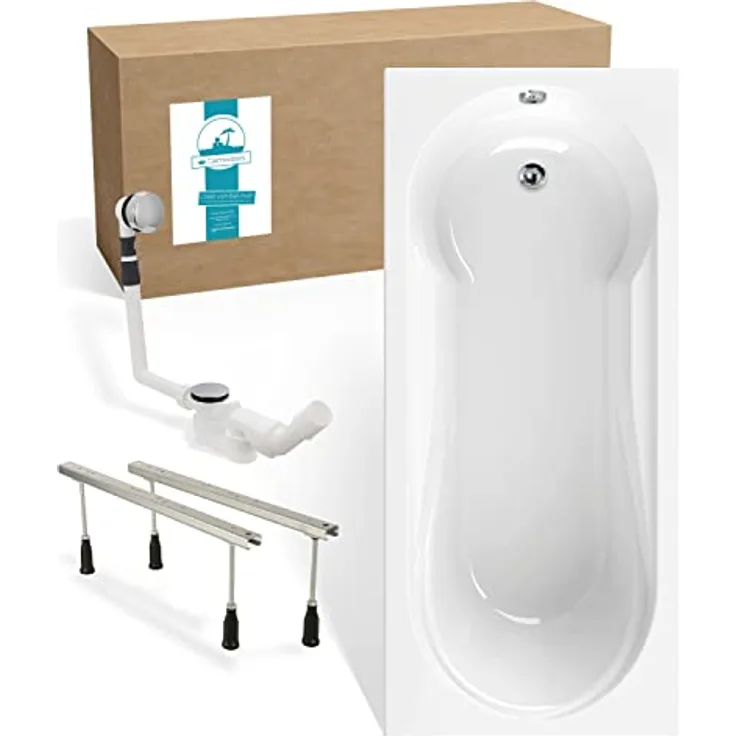 Calmwaters® Rechteck Badewannen-Set 180x80 cm mit Wannenfüßen & Ablaufgarnitur, Acrylwanne Modern Small 2 mit integriertem Duschbereich, Set Badewanne komplett, 180 x 80 cm, Weiß, 99000290