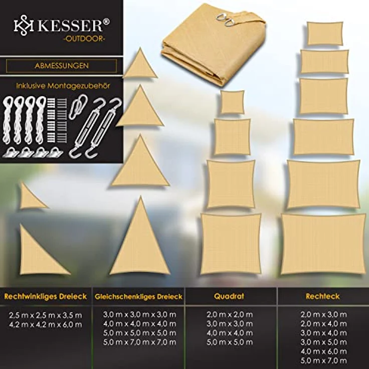 KESSER Sonnensegel Sonnenschutz Windschutz HDPE Gewebe wasserabweisend & windabweisend 5-Fach quer vernäht robust & stabil Schattenspender Garten Balkon Terrasse Rechteck, Sand, 2x4m – Bild 7