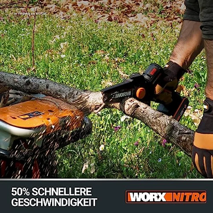 WORX WG325E NITRO Profi Mini Kettensäge 20V - Einhand Kettensäge - leistungsstarke bürstenloser Motor - 12cm Schwertlänge - leicht & kompakt - automatische Kettenschmierung -inkl. 2Ah Akku & Ladegerät – Bild 2