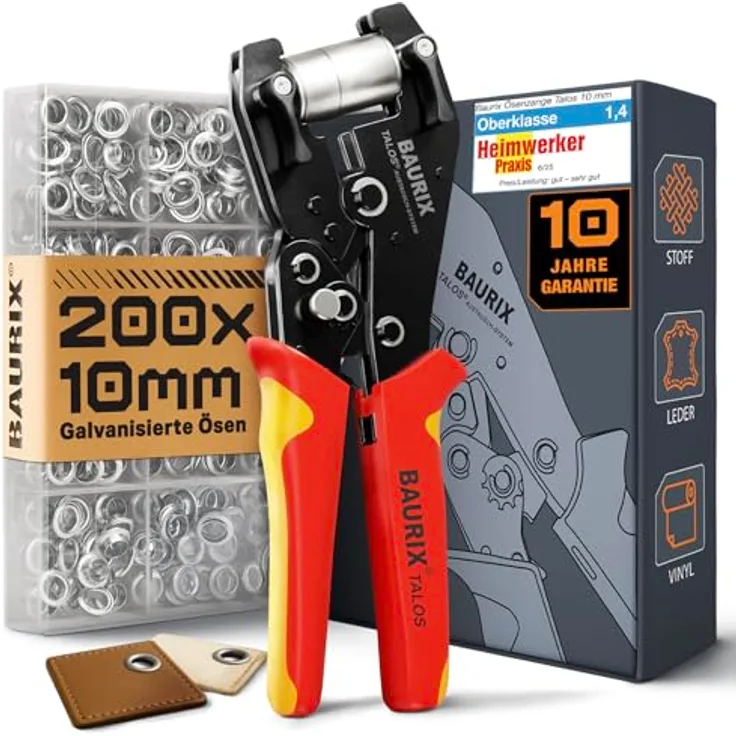 BAURIX® TALOS Ösenzange für Planen, inkl. 200 rostfreier Ösen (Ø 10mm), ohne Vorstanzen, magnetischer Halt, Karbonstahl-Werkzeug für PVC, Stoff, Leder – ideal für Schneider, Heimwerker & Bastler
