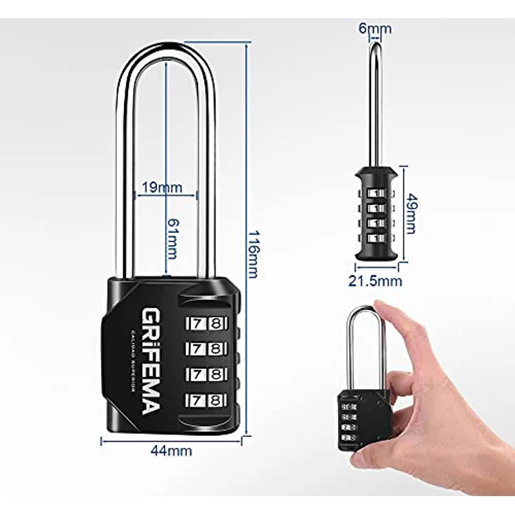 GRIFEMA 2 Pack Zahlenschloss 4 Stellig mit Langer Bügel - Vorhängeschloss Wetterfest Frostsicher, Schloss mit Zahlencode Zinklegierung Robust, Sicher, Schlösser für Spind, Garage, Tor, Schule, Koffer – Bild 2
