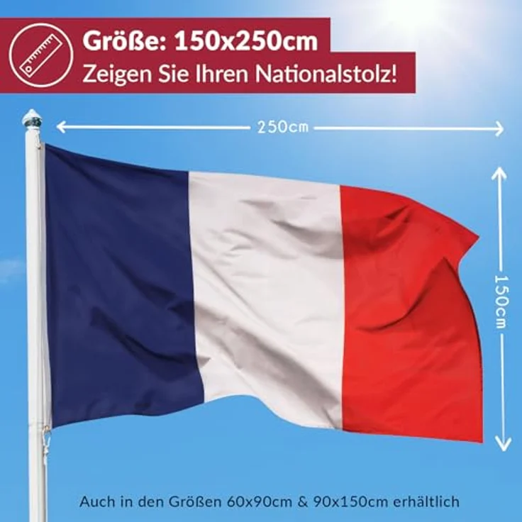 Aricona Frankreich Flagge 250x150cm, wetterbeständige Fahne mit Messingösen, 100% Polyester, robuste Doppelnaht, lebendige Farben – Bild 2