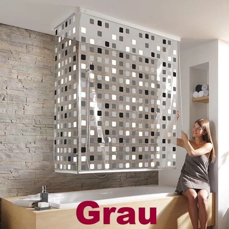 Kleine Wolke Eckduschrollo für Badewannen 132 + 62 x 240 cm, grau, mit wasserdichtem Vinylvorhang und platzsparenden Kassetten