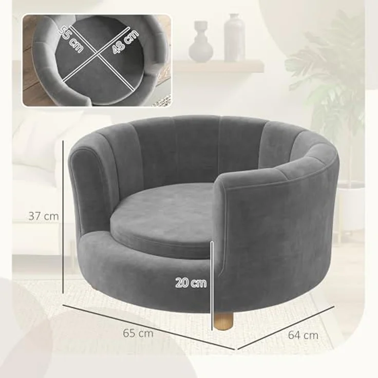 PawHut Hundesofa Hundecouch, Waschbarer Bezug, mit Rückenlehne und Holzbeine, für kleine Hunde unter 4,5 kg, Grau – Bild 5