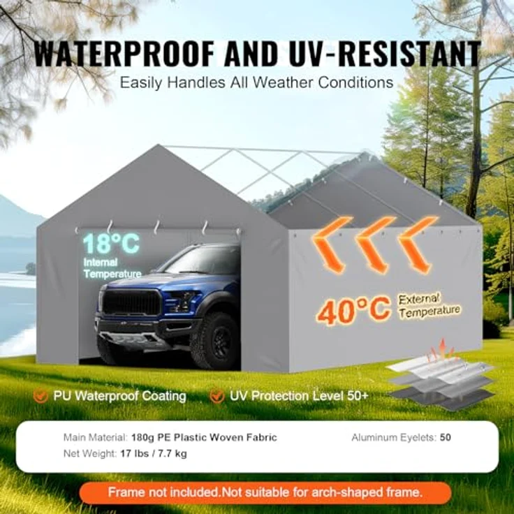 VEVOR Carport-Garagenzelt Seitenwand 6000 x 3950 x 1950 mm, strapazierfähig, wasserdicht und UV-geschützt, grau – Bild 3