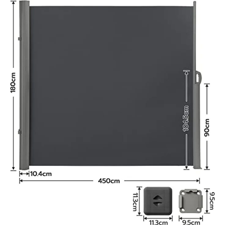 LARMNEE Alu-Seitenmarkise, ausziehbar, 180 x 450 cm, blickdicht, wasserdicht, UPF 50+, für Balkon, Terrasse, Garten, Anthrazit EBK1845BP02 – Bild 2