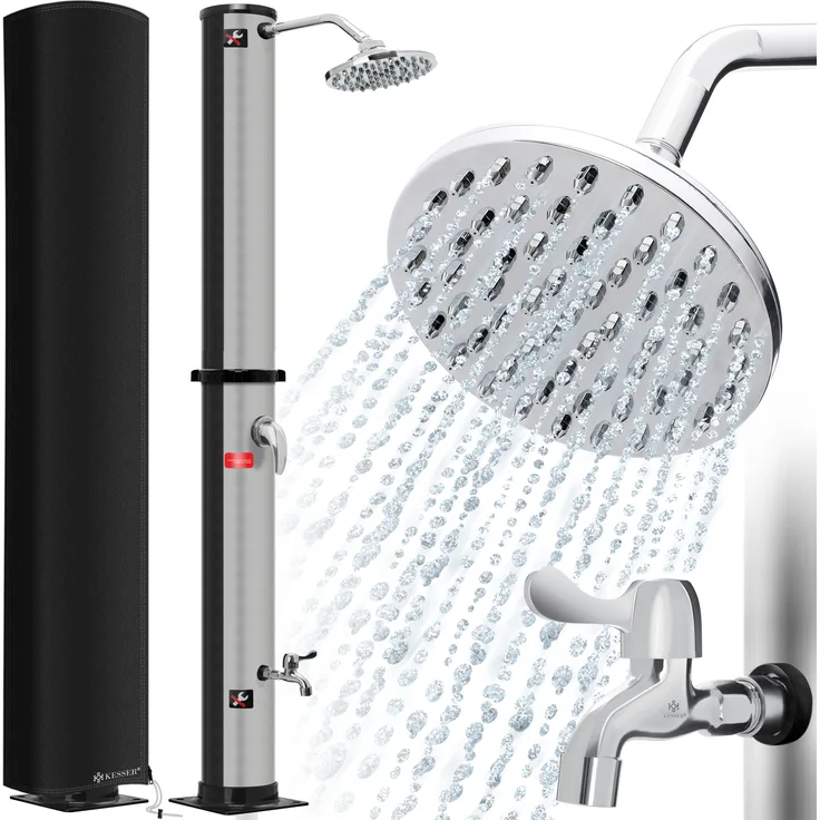 KESSER Solardusche 40- 60 Liter Solar Gartendusche warmes Wasser max. 60°C Inkl. Schutzhaube ohne Stromanschluss Pooldusche CampingRegenduschkopf und Wasserhahn Gartenschlauch-Anschluss Schwarz - Silber, 60 Liter - Preisvergleich