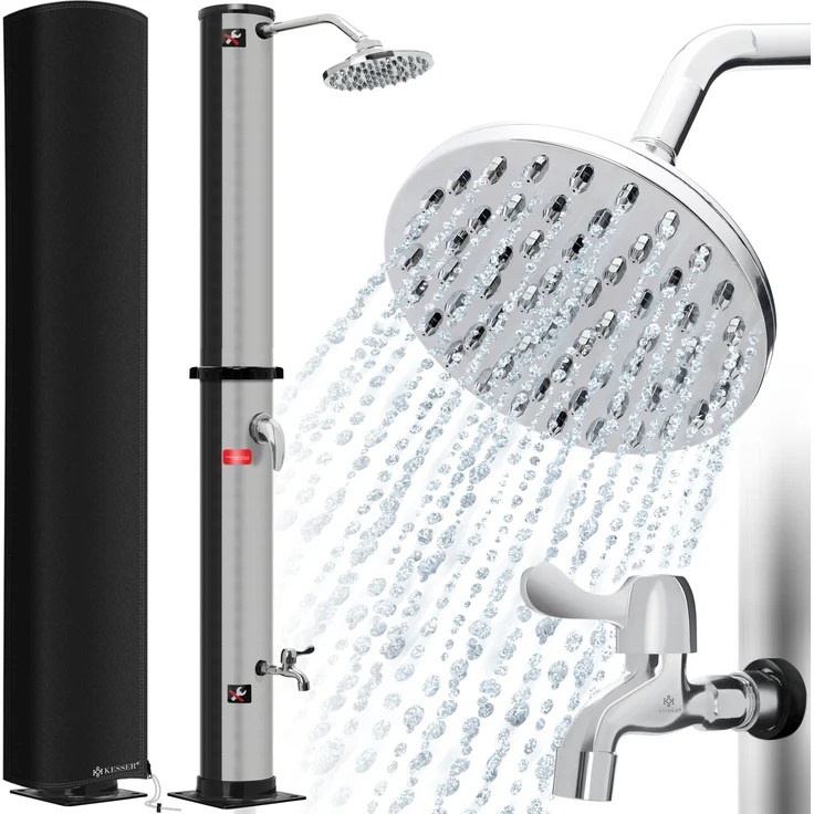KESSER Solardusche 40- 60 Liter Solar Gartendusche warmes Wasser max. 60°C Inkl. Schutzhaube ohne Stromanschluss Pooldusche CampingRegenduschkopf und Wasserhahn Gartenschlauch-Anschluss Schwarz - Silber, 60 Liter - Preisvergleich – Bild 1