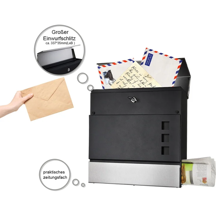 Briefkasten Edelstahl Wandbriefkasten Zeitungsfach Zeitungsrolle Namenschild Design Mailbox Kasten Postkasten Wandmontage - Edelstahl - Schwarz – Bild 2