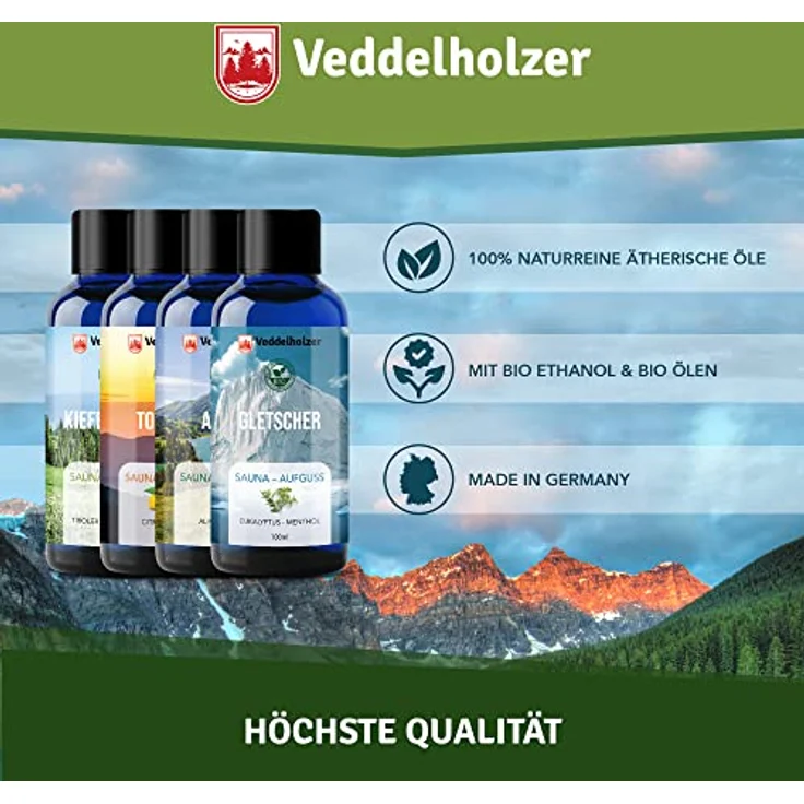 Veddelholzer BIO Sauna-Aufgussset, 4-tlg. Geschenkset mit 100% naturreinen ätherischen Ölen, 4 x 100 ml Saunaöle – Bild 3