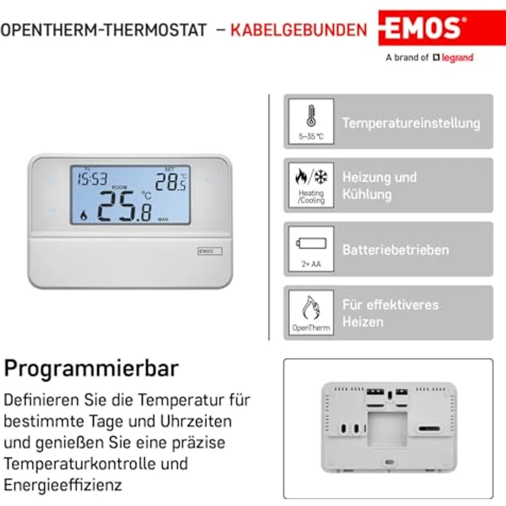 EMOS Digitaler Raumthermostat, programmierbar mit OpenTherm-Unterstützung, verkabelt, weiß, 12,6 x 8,4 x 2,6 cm – Bild 2