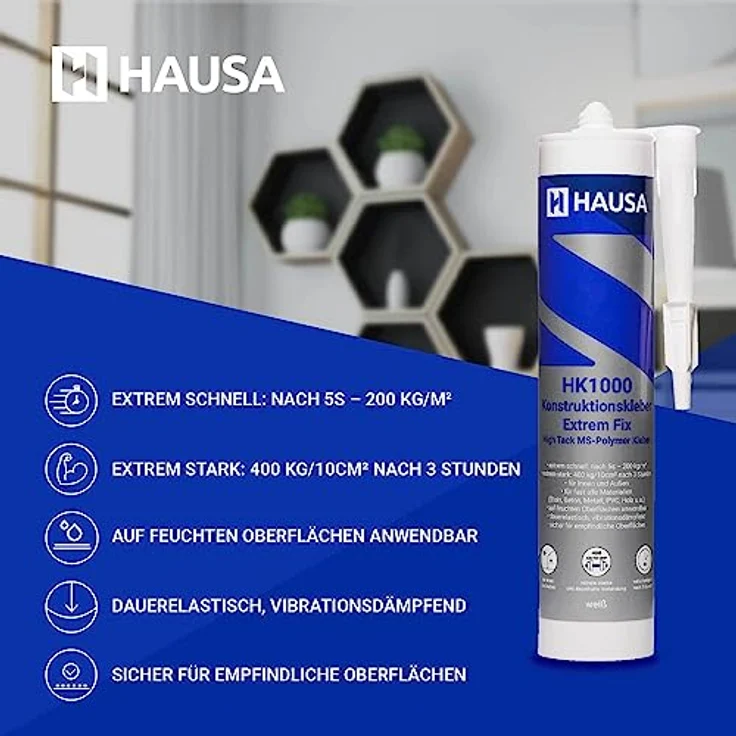 Hausa HAUSA High-Tack Montagekleber 24x 290ml weiß - extrem starker Alleskleber für Metall Stein Holz Spiegel elastischer MS Polymer Konstruktionskleber HK1000 für Innen Außen nasse trockene Oberfläche – Bild 4