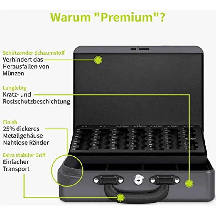 ACROPAQ Geldkassette - Abschließbar, Mit Münzzählbrett, 30 x 24,5 x 9 cm, Mit 2 Schlüsseln, Premium Gehäuse - Geldkasse, Haushaltskasse - Grau, Premium Groß – Bild 3