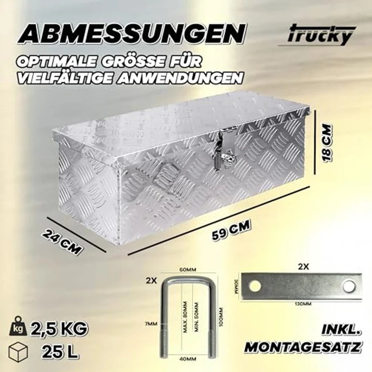 Trucky Truckbox Deichselkasten D025, Aluminium Werkzeugkoffer mit Montagesatz und Schlüssel, 59 x 24 x 18 cm – Bild 5