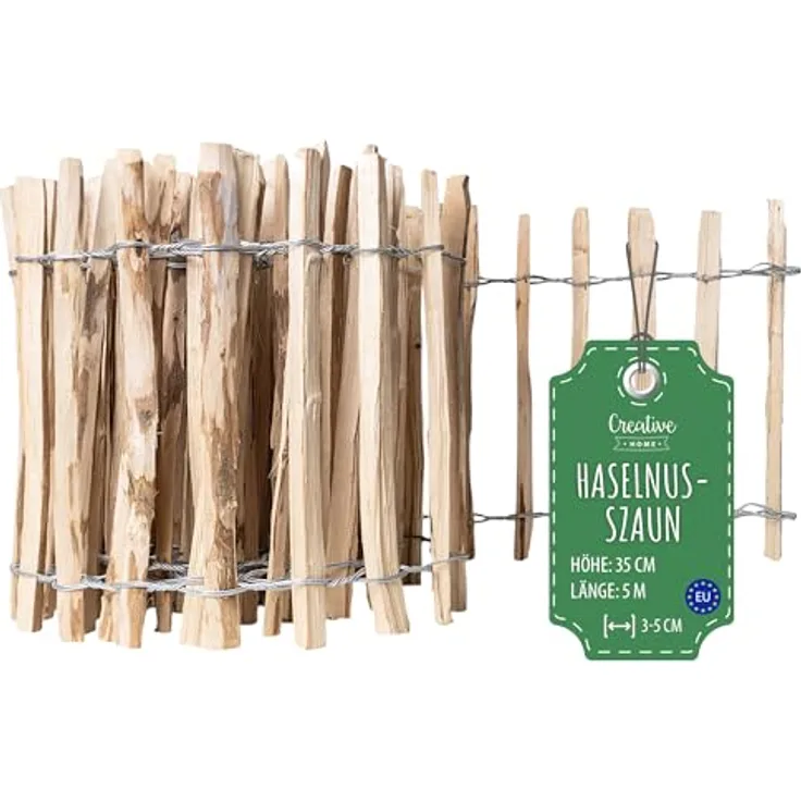 Creative Home Staketenzaun 35cm hoch und 5m lang | Haselnusszaun | Lattenabstand 3-5 cm | Gartenzaun Holz Holzzaun | Ideal als Rasenkante Blumenbeet Umrandung aus Haselnuss