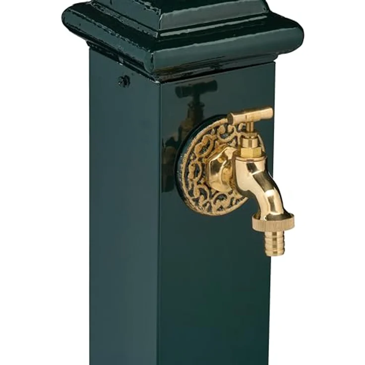 relaxdays Gartenbrunnen Standbrunnen Antik, nostalgisches Design in Dunkelgrün mit goldenem Wasserhahn, ideal für Garten und Terrasse – Bild 7