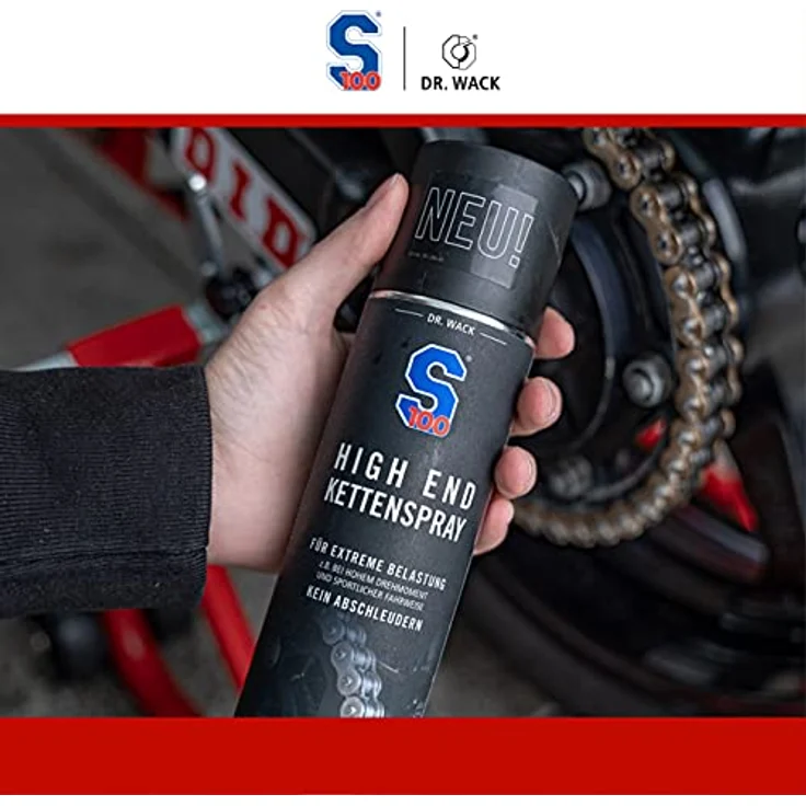 Dr. Wack - S100 High End Kettenspray 300 ml I Premium Motorrad-Kettenöl für extreme Belastungen I Kettenspray für alle Motorräder I Hochwertige Motorradpflege – Made in Germany, schwarz – Bild 5
