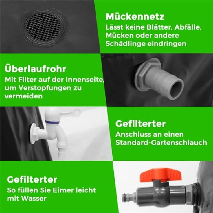 Mucola Regenwassertonne 750L faltbar, inkl. 2 Meter Wasserschlauch, mit Hahn und Überlaufschutz, witterungsbeständig – Bild 5