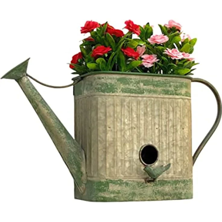 DanDiBo Vogelhaus mit Blumentopf zum Aufhängen, Metall Deko Gießkanne wetterfest 481999, Nistkasten 40 cm für Vögel, Shabby Chic Grau/Silber, Balkon