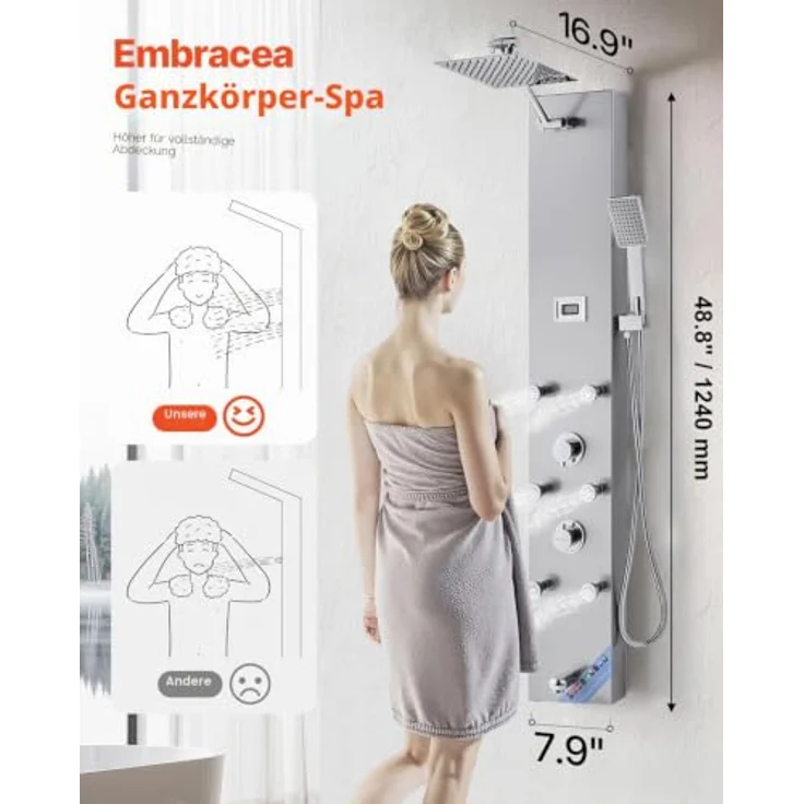 VEVOR Duschpaneel-Turmsystem mit Regenwasserfall-Duschkopf, 124 cm Duschsäule aus gebürstetem Edelstahl, mit Handbrause & 6 Massagedüsen, LCD-Temperaturanzeige – Bild 2