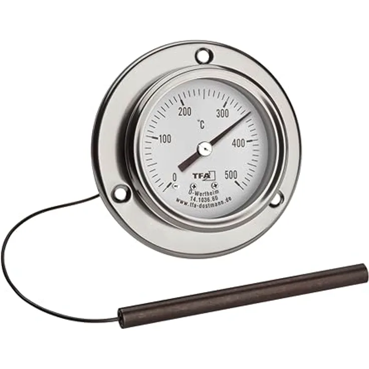 TFA Dostmann Analoge Edelstahl Pizzathermometer, 14.1036, bis 500°C, mit Kabelfühler, silber