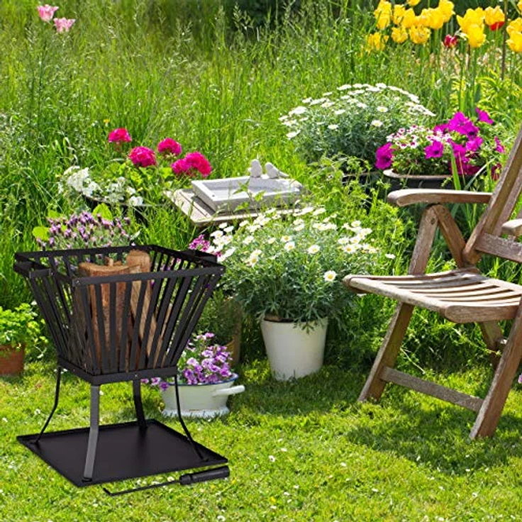 Relaxdays Feuerkorb XL mit Schürhaken, Terrasse u. Garten Feuerschale mit Unterlage, für Holz, HBT 56x56,5x45cm, schwarz – Bild 3