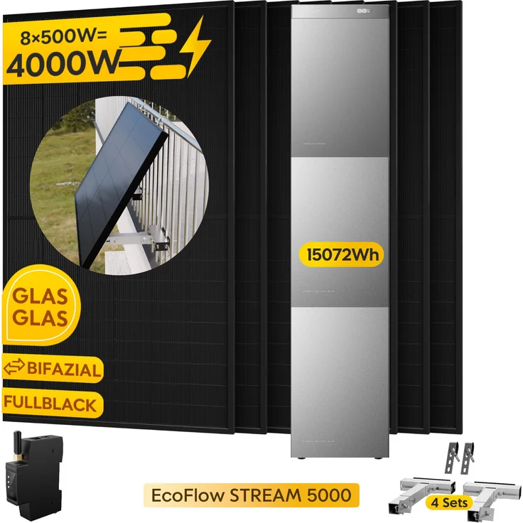 EcoFlow STREAM 5000, 5024Wh Speicher mit 2x EB 5000 Zusatzbatterie, 4x 500W Modulen, Smart Meter und 4 Balkon Halterungen, 0% VAT