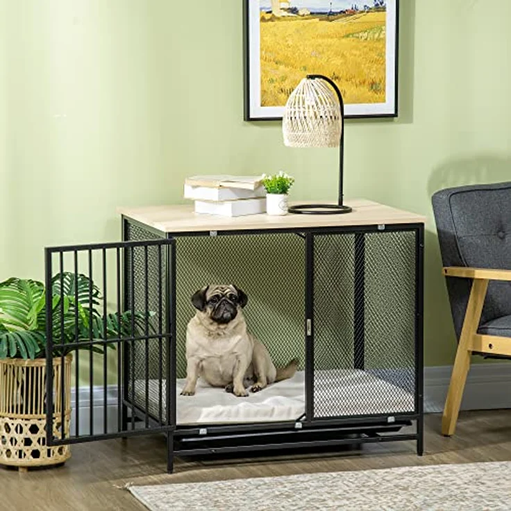 PawHut Hundekäfig, Hundehaus, Haustierkäfig, Hundehütte mit Kissen, herausnehmbarer Bodenwanne, Hundebox für mittelgroße Hunde, Tierkäfig, Indoor, Eiche, Schwarz, 80 x 55 x 71 cm – Bild 2