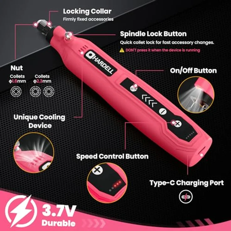 HARDELL Mini Akku Rotationswerkzeug, 5 Geschwindigkeiten (5000-18000 U/min), 3,7V mit LED, 69-teiliges Zubehörset für Gravur von Resin, Holz und Glas (pink) – Bild 2