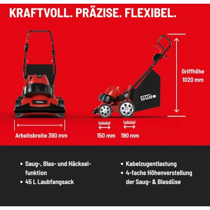 GUEDEAKTIVBANK Laubsauger GFLS 1601 3in1, leistungsstark mit Saug-, Blas- und Häckselfunktion, 45 L Laubfangsack, höhenverstellbar – Bild 4