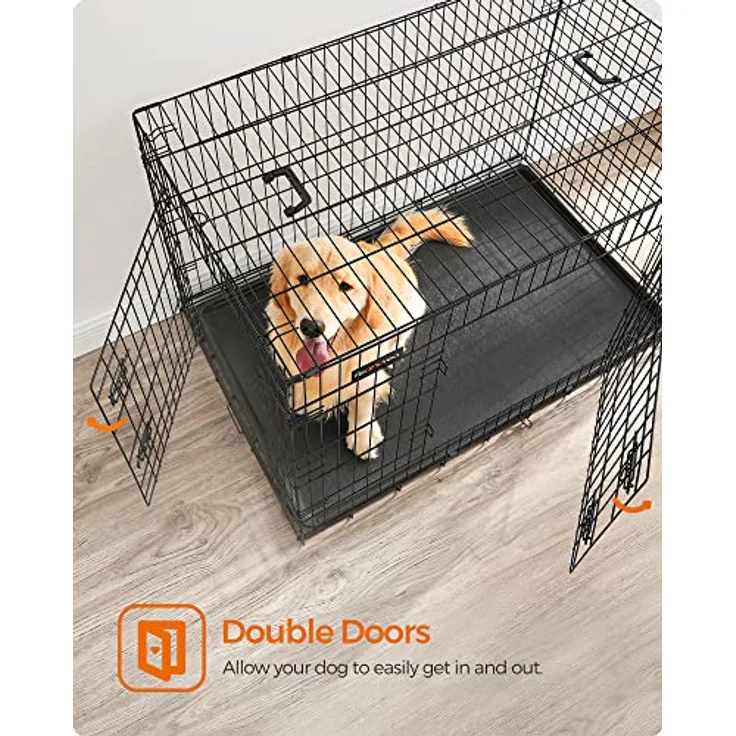 Feandrea Hundekäfig klappbar XXL, mit 2 Türen und Kunststoffschale, 122 x 74,5 x 80,5 cm, schwarz – Bild 3