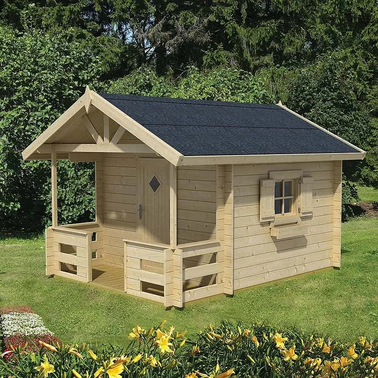 Lasita Maja Kinderspielhaus Lido, naturbelassen, 215 cm x 215 cm mit Satteldach und integrierter Terrasse