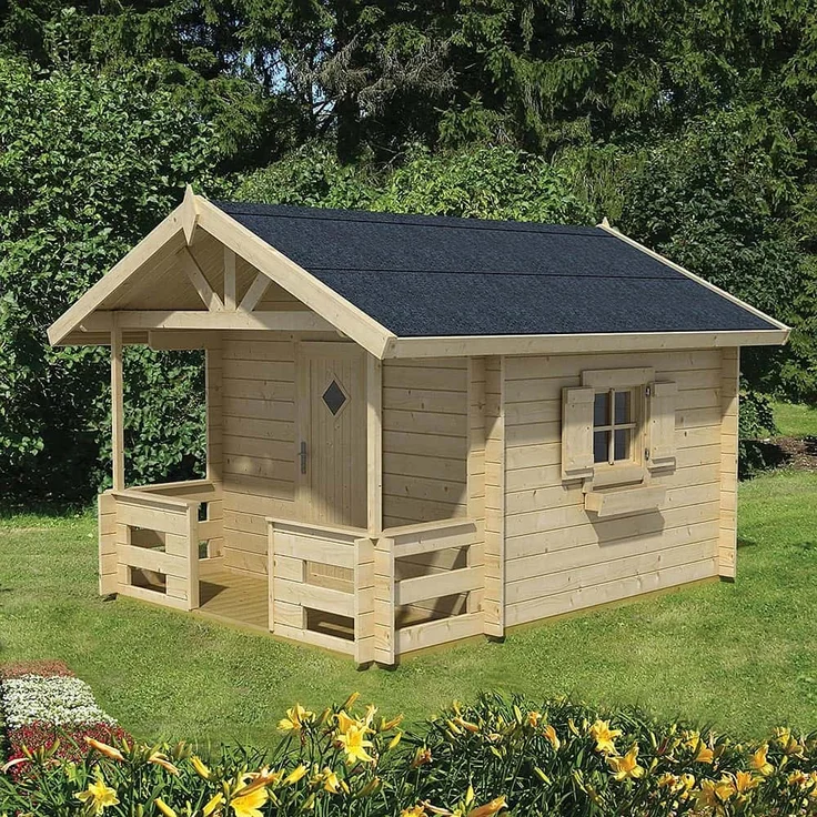 Lasita Maja Kinderspielhaus Lido, naturbelassen, 215 cm x 215 cm mit Satteldach und integrierter Terrasse