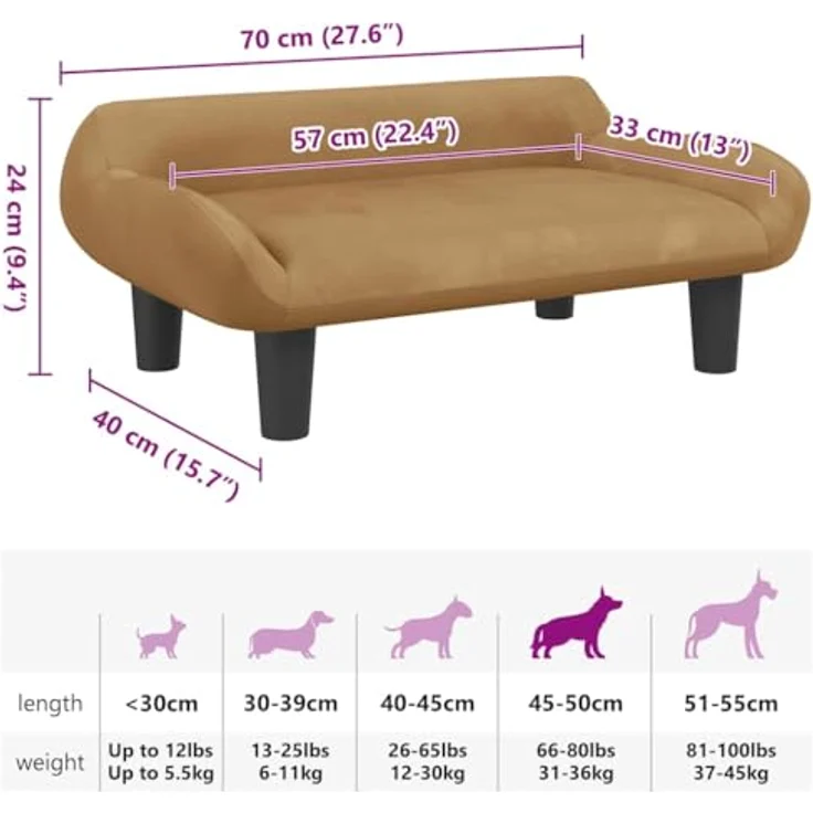 vidaXL Hundekorb Hundebett Braun 70x40x24 cm Samt Körbchen Hundesofa mit massivem Kiefernholzrahmen und 50 kg Tragfähigkeit – Bild 7
