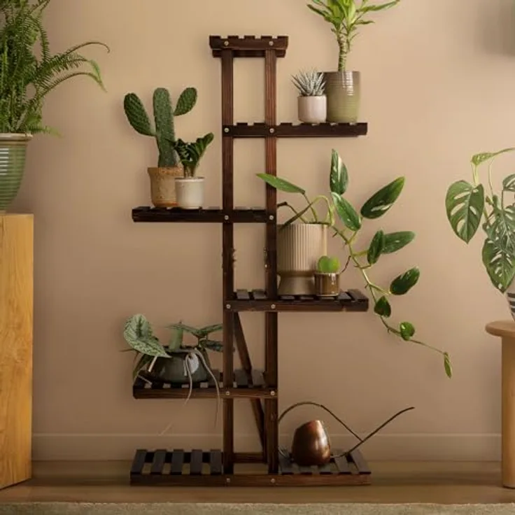 ML-DESIGN Blumenständer Pflanzenregal aus massivem Holz, 6 Ebenen, karbonisiertes Braun, für Balkon, Wohnzimmer und Garten
