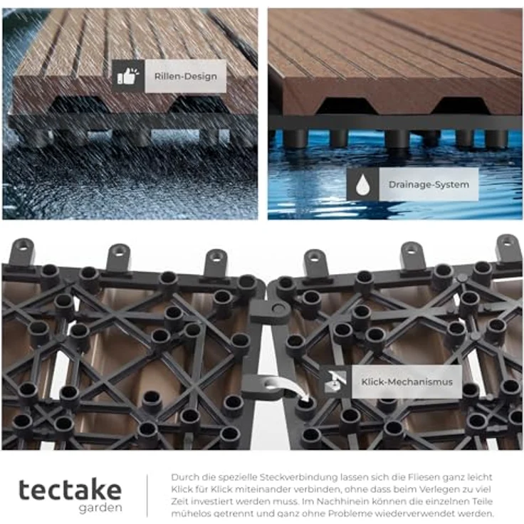 tectake Terrassendielen Tegulas, 22-teiliges Klickfliesen-Set, 2,1142 m², Holzoptik, rutschfest und wetterfest – Bild 5