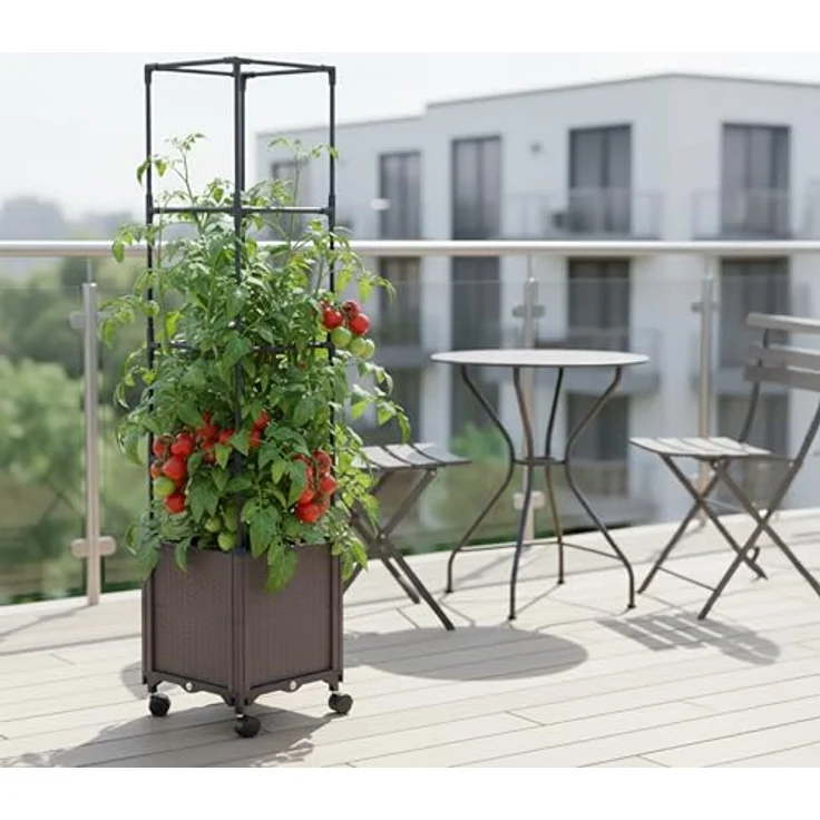 Relaxdays Pflanzkübel mit Rankgitter, 135x30x30 cm, anthrazit, Kunststoff und Stahl, mit Rollen für Garten und Terrasse – Bild 2