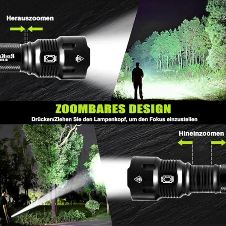 REHKITTZ S1600 LED Taschenlampe, 3300 Lumen, zoombare Handlampe für Camping und Outdoor, robust mit verschiedenen Modi und langer Akkulaufzeit – Bild 5
