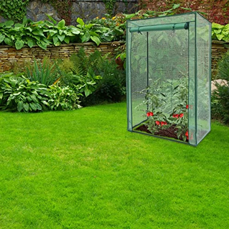 Relaxdays - Gewächshaus für Tomaten 150 x 100 x 50 cm HxBxT, Schrägdach Foliengewächshaus mit PE Gitterfolie, grün – Bild 2