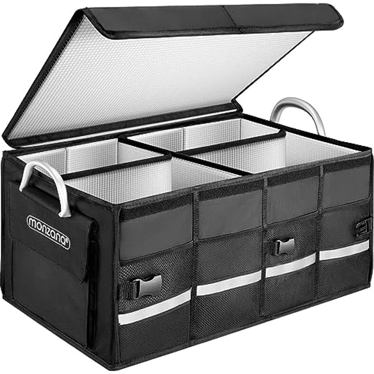 MONZANA® Kofferraum Organizer Deckel 63L Isolierfolie Trennwände Wasserdicht Faltbar MDF Wände rutschfest Kofferraumtasche Kofferraumbox Auto Schwarz