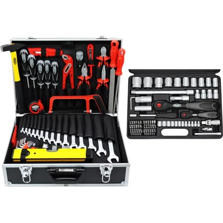 Famex 744-47 Werkzeugkoffer, gefüllt mit hochwertigem Werkzeug-Set und Steckschlüsselsatz, Aluminium-Design, robuster Koffer aus CV-Stahl – Bild 1