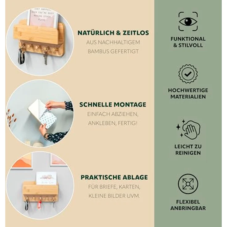 eluno Schlüsselkasten Schlüsselbrett mit Ablage und 5 Schlüsselhaken aus Bambus, modernes Design, zur Wandmontage – Bild 4