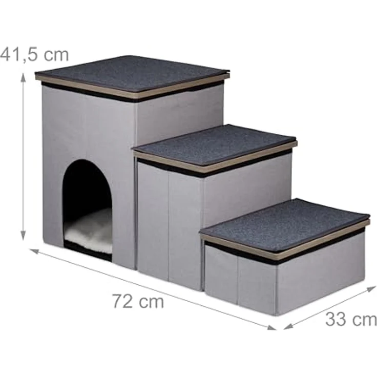 relaxdays Haustiertreppe Hundetreppe 3 Stufen mit Höhle - Ideal für kleine und ältere Tiere, Grau/Schwarz – Bild 4